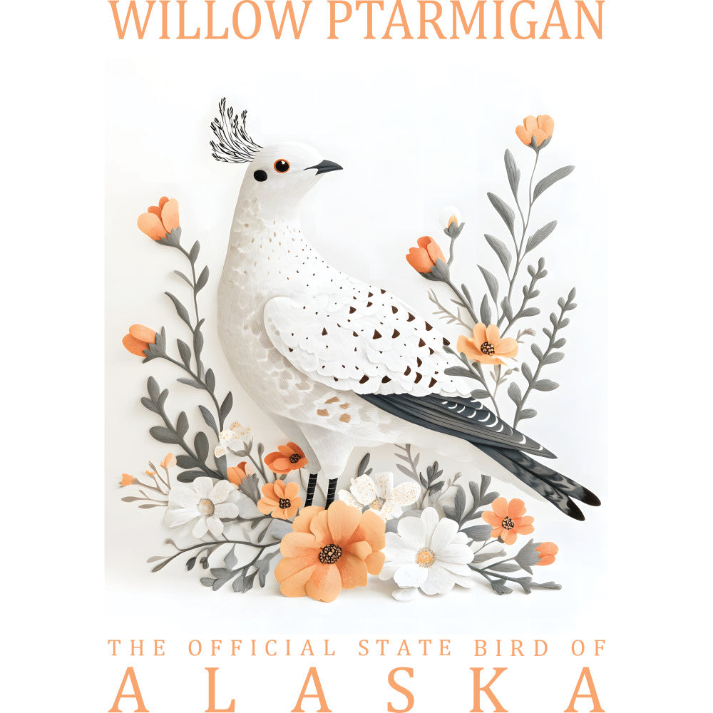 willow ptarmigan, state bird, alaska, white bird, orange flowers, gray foliage, fabric panel, quilting cotton, floral design, bird illustration, peach blooms, soft colors, nature theme, wildlife art, decorative panel, spring flowers, botanical elements, cream background, delicate artwork, crafting fabric