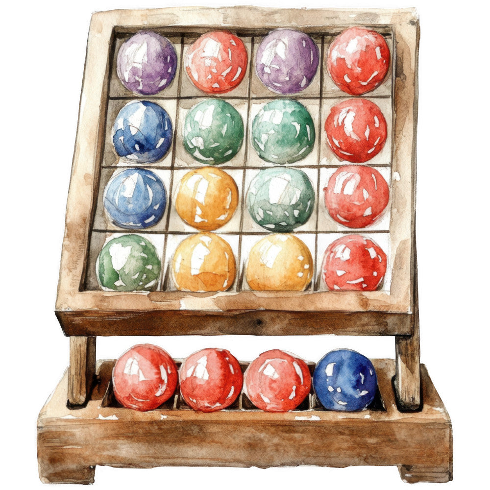 watercolor, bingo balls, wooden rack, game equipment, red marbles, blue marbles, green marbles, purple marbles, orange marbles, yellow marbles, vintage game, nostalgic hobby, fabric panel, quilting cotton, craft supplies, gaming theme, colorful spheres, wooden storage, hand-painted style, recreation motif