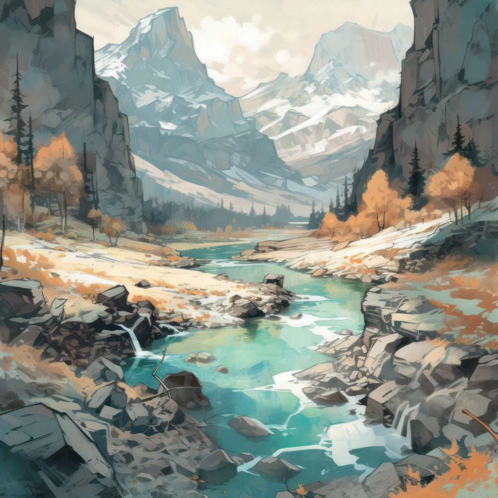 turquoise water, mountain landscape, snow-capped peaks, autumn foliage, golden yellow trees, rocky terrain, alpine scenery, nature scene, scenic vista, rustic style, fall colors, coniferous forest, glacier blue, cream white, gray stone, outdoor adventure, wilderness, contemplative mood, transitional season, early winter, landscape art, modern illustration, painterly effect, valley view, rocky riverbed, peaceful scene, nature lover, majestic mountains