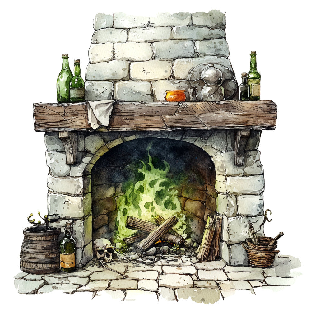 fireplace, stone, brick, cottage core, rustic, vintage, medieval, fantasy, tavern, ale, beer, bottles, green flames, skull, dark academia, gothic, autumn, warm tones, cream, tan, brown, dark green, sage green, orange glow, cozy, moody, witchy, mystical, barrel, hearth