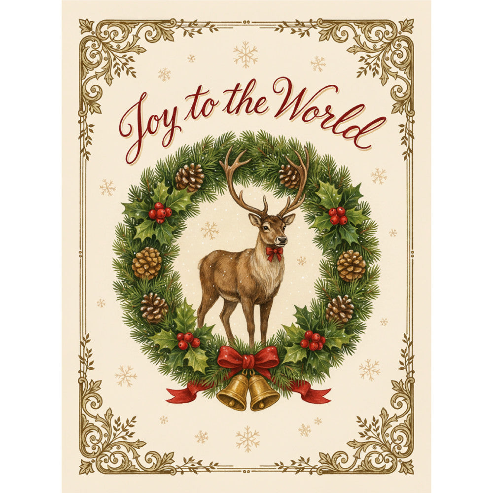 joy to the world, christmas, holiday, reindeer, deer, wreath, pinecones, holly berries, gold bells, festive, elegant, traditional, vintage, cream, ivory, forest green, red, gold, brown, tan, nature, woodland, seasonal, winter, christmas decoration, wall hanging, greeting card, nostalgic, ornate border, ribbons