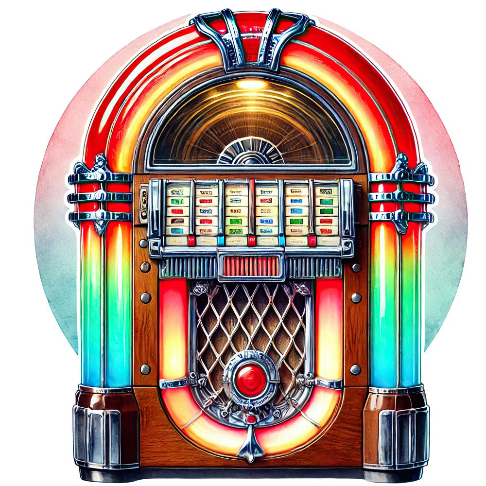 vintage jukebox, retro, 1950s, neon, art deco, music, entertainment, nostalgia, red, gold, chrome, wood grain, turquoise, glowing lights, classic design, mid-century modern, decorative panel, wall hanging, novelty print, iconic imagery, speakeasy, diner aesthetic, bright colors, metallic accents, Americana, retro appliance, collectible, conversation starter, statement fabric