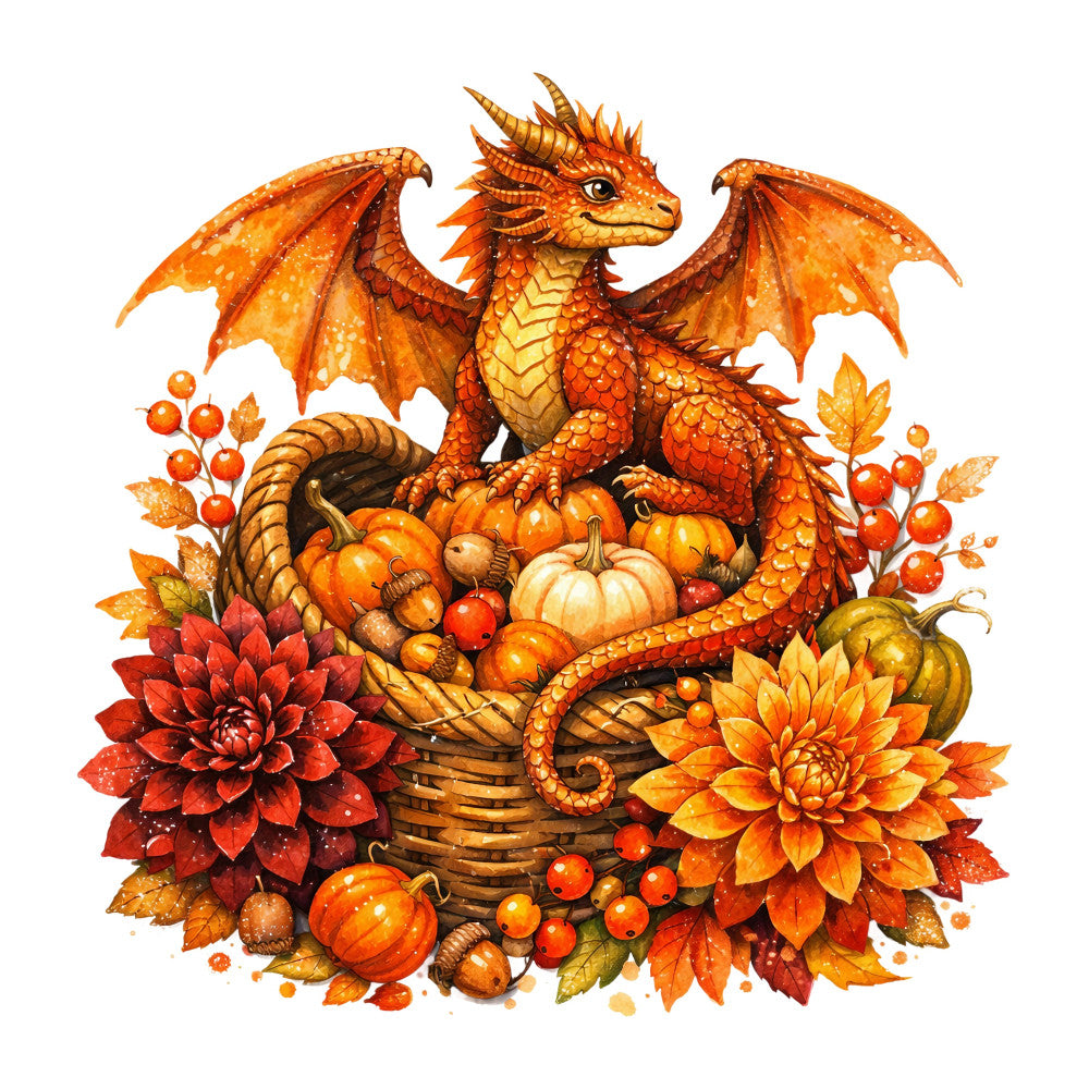 autumn dragon, fall harvest, orange, burnt orange, golden yellow, cream, red, rust, dragon fantasy, magical creatures, cornucopia, pumpkins, gourds, dahlias, chrysanthemums, autumn leaves, berries, whimsical, fantasy, harvest theme, thanksgiving, fall season, seasonal, autumn colors, nature inspired, folkloric, mystical, decorative panel, wall hanging, home décor