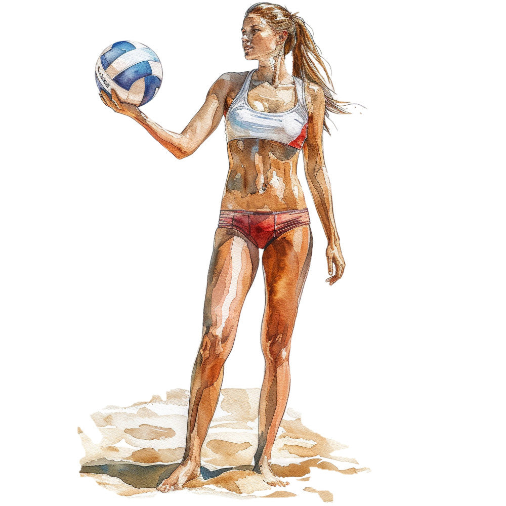 beach volleyball, sports, athletic, summer, coastal, sand, tan, beige, cream, white, blue and white, red, burnt orange, sun-tanned skin, figure study, watercolor, illustration, feminine, active lifestyle, outdoor sports, beach theme, vacation, realistic portraiture, woman athlete, sporty style, contemporary art, modern illustration