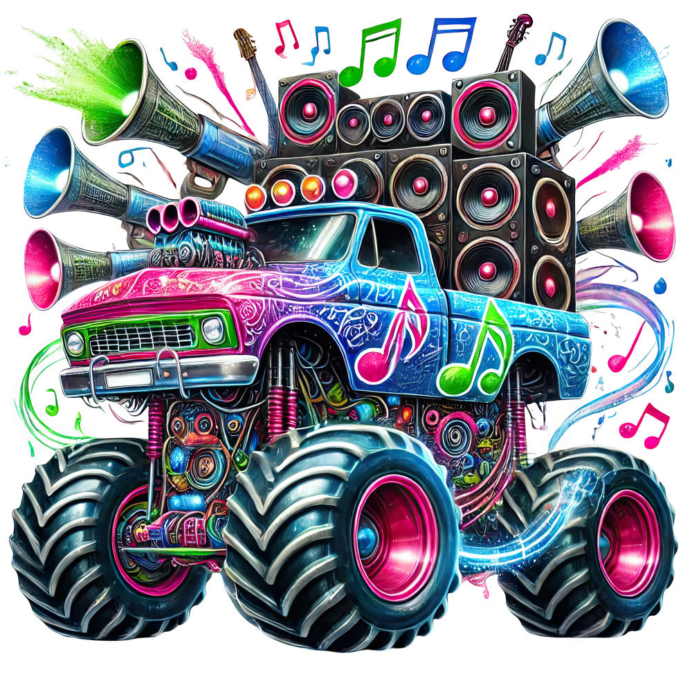 neon pink, electric blue, lime green, vibrant magenta, bright cyan, hot pink, neon green, music themed, musical notes, speakers, sound system, car art, monster truck, vintage truck, lowrider, graffiti, street art, abstract, modern, whimsical, music lovers, retro, bold, energetic, colorful, youth culture, pop art, wheels, automotive