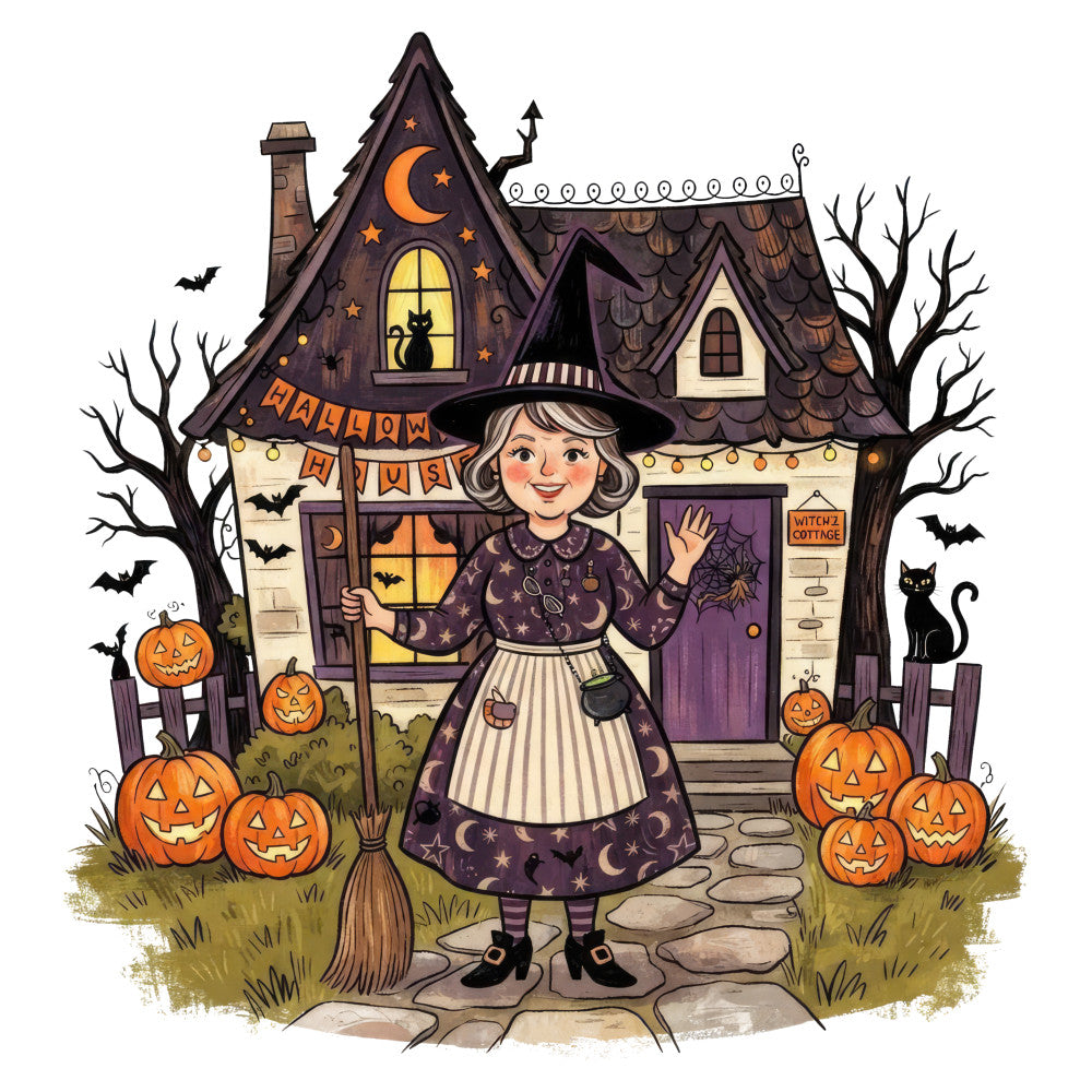 halloween, witch, pumpkin, black cat, haunted house, autumn, fall, orange, purple, cream, dark purple, moon, stars, spooky, whimsical, festive, holiday, cottage core, vintage halloween, jack-o-lantern, broomstick, bats, decorative panel, children's, playful, celestial, folk art, traditional, seasonal