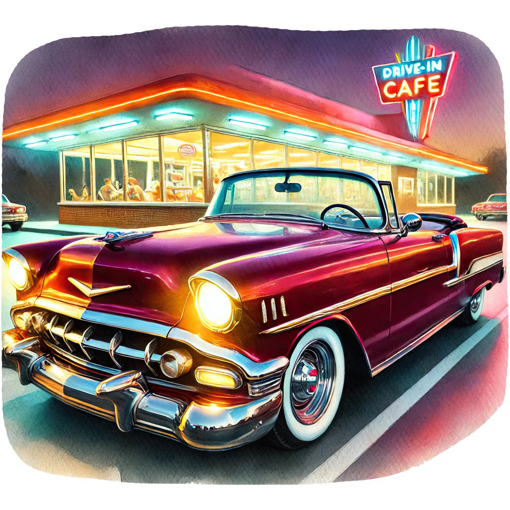retro car, vintage automobile, 1950s, chrome details, classic car, convertible, drive-in cafe, neon sign, hot rod, ruby red, burgundy, metallic gold, turquoise, pink neon, nostalgic, americana, mid-century, retro diner, transportation, cars, vehicles, chrome bumper, white wall tires, fifties style, retro aesthetic, nostalgic americana, vintage americana