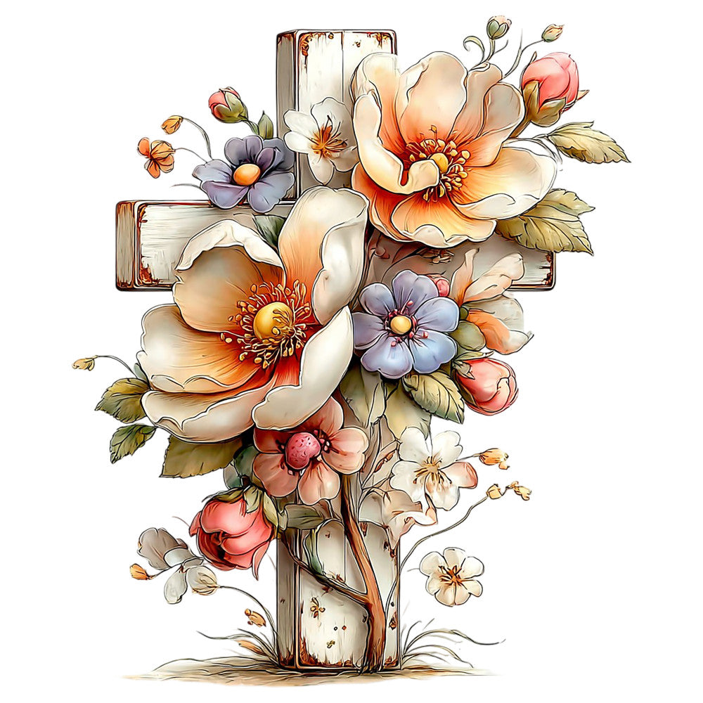 fabric panel, floral cross, religious motif, peach flowers, purple blooms, cream petals, coral roses, olive green leaves, watercolor style, botanical design, cotton panel, quilting fabric, spring flowers, distressed cross, vintage aesthetic, soft pastels, easter theme, faith inspired, delicate illustration, mixed florals