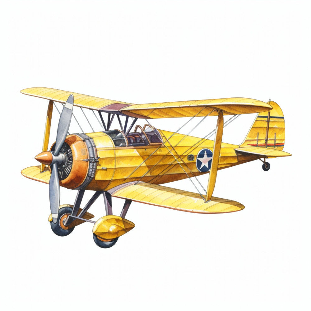 vintage biplane, yellow, gold, orange, bronze, aviation, airplane, retro, antique aircraft, transportation, vintage aviation, steampunk, classic plane, biplane fabric, sky blue, white star, propeller, nostalgic, 1920s, 1930s, retro travel, adventure theme, boy nursery, vintage boys, traditional style, collectible aircraft, historical transportation