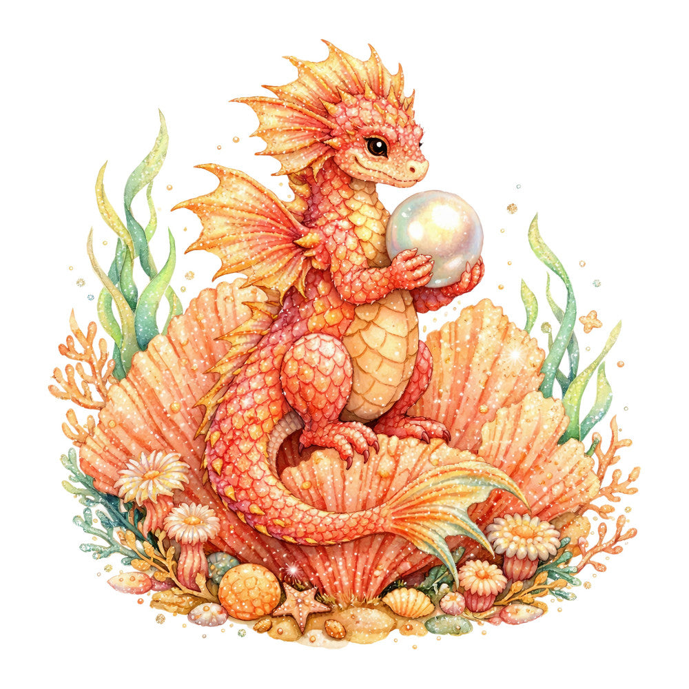 coral pink, peachy orange, golden yellow, seafoam green, cream, watercolor dragon, fantasy creature, whimsical, magical, underwater, seashells, coral, seaweed, pearls, ocean, nautical, celestial, dreamy, enchanted, children's, baby, storybook, illustration, detailed, delicate, spring, summer, animal lover, nature, seaside