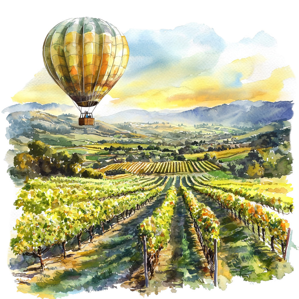 watercolor painting, hot air balloon, vineyard landscape, wine country, rolling hills, green vines, yellow sunset, blue mountains, fabric panel, quilting cotton, scenic vista, california countryside, golden hour, pastoral scene, agricultural fields, dreamy atmosphere, soft brushstrokes, nature scene, outdoor adventure, spring colors