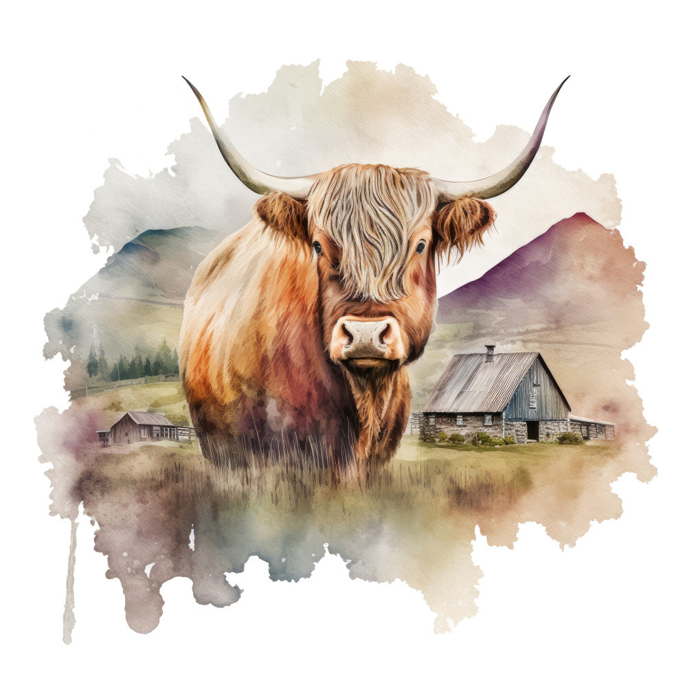 Watercolor Highland Cows Fabric Panel 9 featuring a detailed watercolor painting of a Highland cow with rustic farmhouses and mountains in the background.