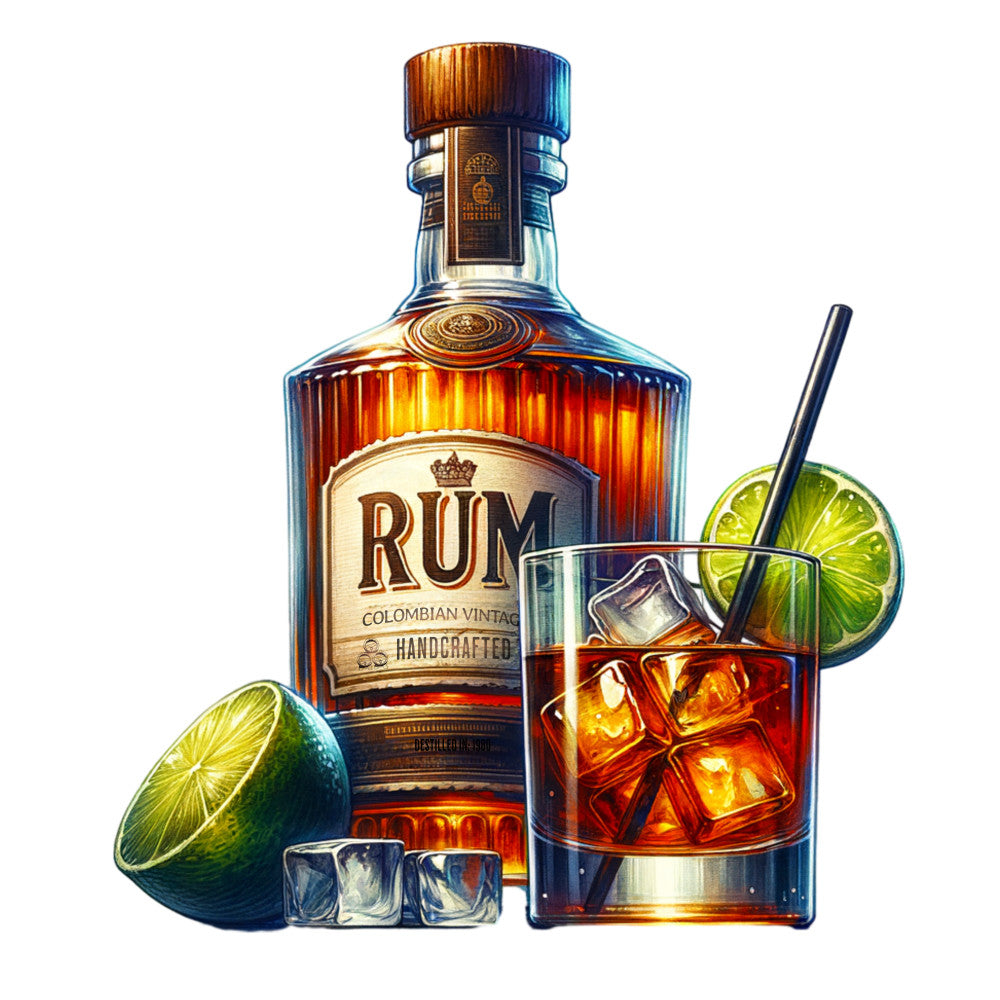 rum bottle, amber liquid, lime slices, ice cubes, cocktail glass, orange tones, golden brown, emerald green, crystal clear, vintage style, colombian rum, handcrafted label, fabric panel, quilting cotton, beverage theme, realistic illustration, bar scene, tropical drinks, premium spirits, detailed artwork
