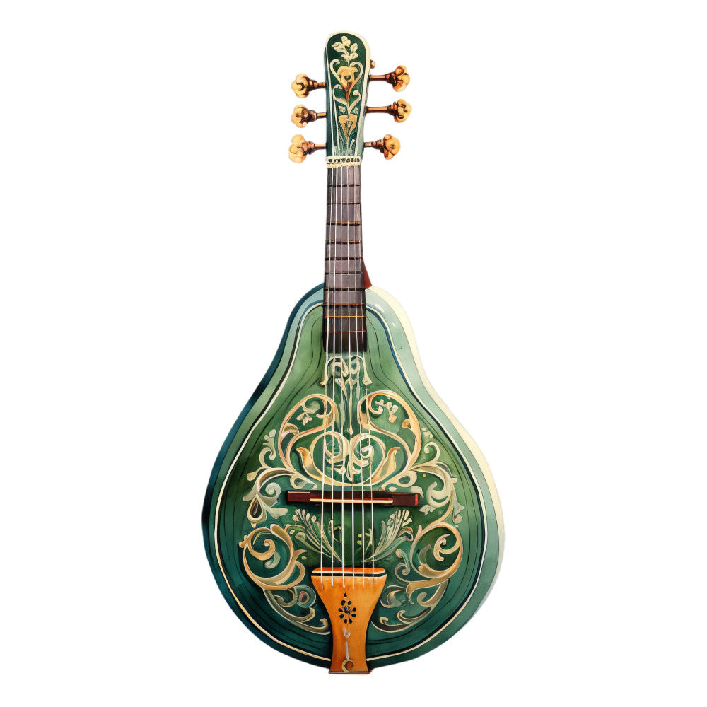 forest green, gold, ornate, vintage, musical instrument, mandolin, decorative, scrollwork, baroque, elegant, traditional, ornamental, classical, botanical, filigree, music theme, antique, intricate detail, damask, european style, bohemian, acoustic instrument, heritage, timeless, sophisticated, detailed pattern, renaissance, classic design, music lover gift