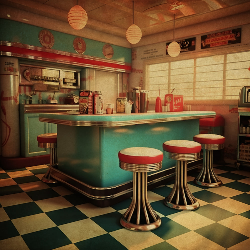 retro diner, 1950s, turquoise, red, cream, checkered floor, vintage americana, mid-century modern, nostalgic, diner aesthetic, chrome accents, retro kitchen, soda fountain, classic diner, architectural, interior design, teal, ruby red, ivory, geometric tile, checkerboard, art deco, retro style, kitchen decor, americana, vintage kitchen, booth seating, milkshake bar, nostalgia theme, retro scene