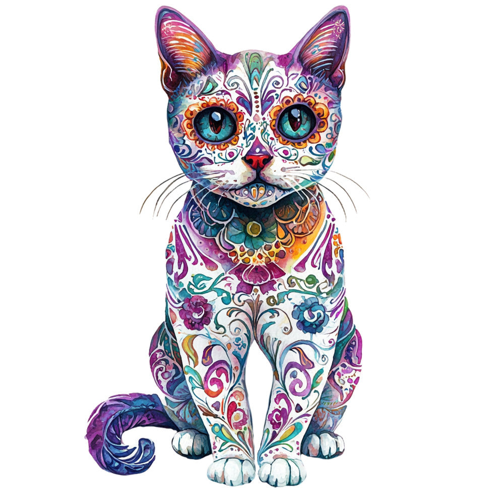 colorful cat, vibrant multicolor, purple, turquoise, orange, gold, pink, ornamental, decorative, floral, baroque, mandala, whimsical, bohemian, sugar skull, day of the dead, cat lover, animal, artistic, intricate design, folk art, ornate, creative, unique, mexican inspired, jewel tones, rainbow colors, wall art, home decor, decorative panel