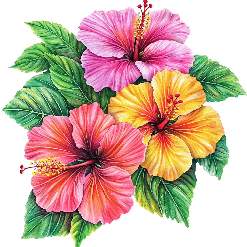 hibiscus flowers, tropical blooms, pink petals, coral pink, yellow orange, bright green leaves, botanical illustration, hawaiian floral, watercolor style, fabric panel, quilting cotton, tropical paradise, island flowers, summer vibes, vibrant colors, detailed stamens, lush foliage, exotic plants, floral motifs, bright botanicals