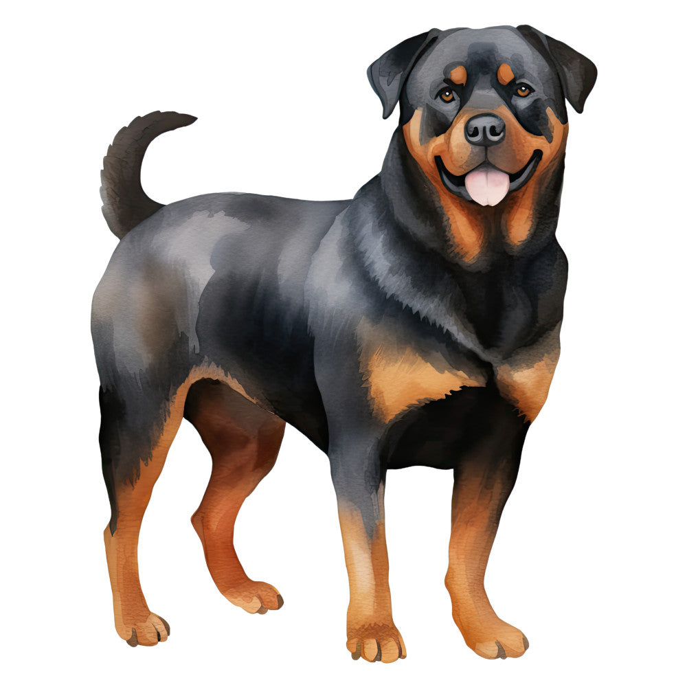 Watercolor Rottweiler Fabric Panel 4 featuring a detailed, vibrant black and tan Rottweiler dog illustration on premium cotton fabric.