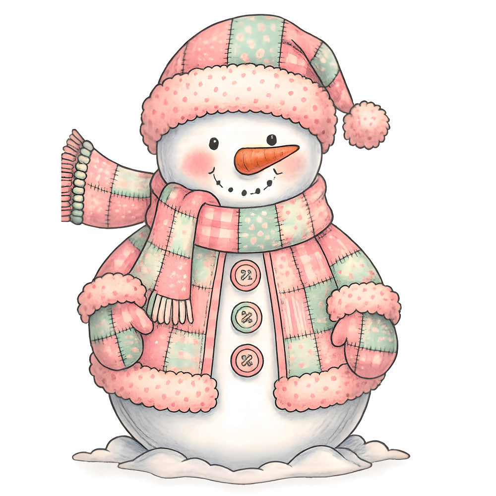 pink, mint green, coral, snowman, winter hat, striped scarf, mittens, patchwork pattern, polka dots, fabric panel, quilting cotton, christmas, holiday, whimsical, cute character, orange carrot nose, button details, winter scene, cheerful, pastel colors