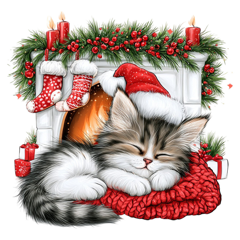 christmas, holiday, cat, kitten, santa hat, red, white, cream, forest green, evergreen, festive, whimsical, cute, cozy, fireplace, stockings, candles, berries, gifts, presents, winter, seasonal, animals, pet lover, traditional, warm, cheerful, decorative, hearth