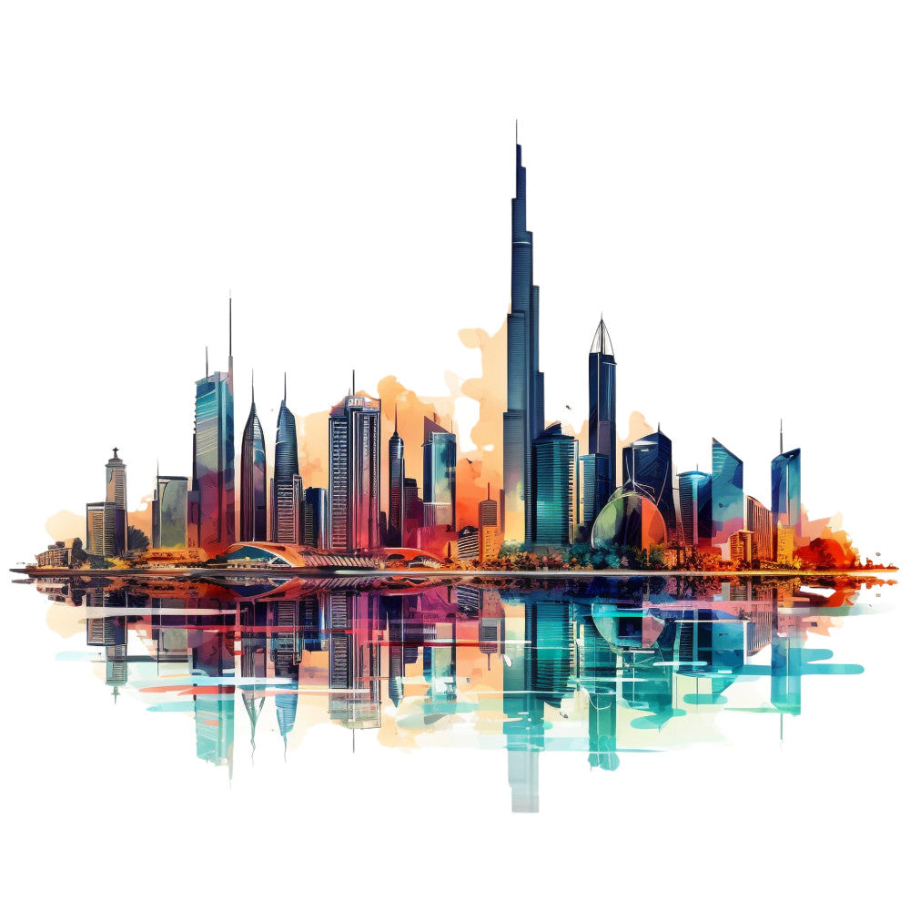 fabric panel, dubai skyline, burj khalifa, cityscape, watercolor style, teal, orange, purple, navy blue, architectural, skyscrapers, water reflection, modern buildings, urban scene, abstract art, vibrant colors, contemporary design, middle eastern, quilting cotton, decorative panel