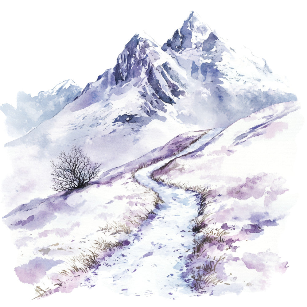 winter landscape, snow-covered mountains, purple heather, bare tree, winding path, watercolor style, scottish highlands, lavender tones, blue peaks, fabric panel, quilting cotton, nature scene, moorland, mountain vista, serene atmosphere, hiking trail, wilderness, cotton fabric, landscape art, winter scene