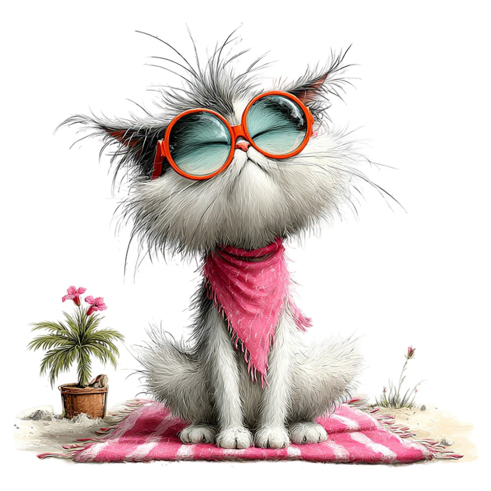 cat, orange sunglasses, teal blue lenses, fluffy cat, whimsical, playful, humorous, pink bandana, beach theme, tropical, palm tree, summer, sandy beach, cute animals, children's, retro, quirky, funky, artistic illustration, character design, novelty, decorative, wall hanging, cushion cover, apparel fabric, cotton print, vibrant colors, coral orange, magenta pink, white fur
