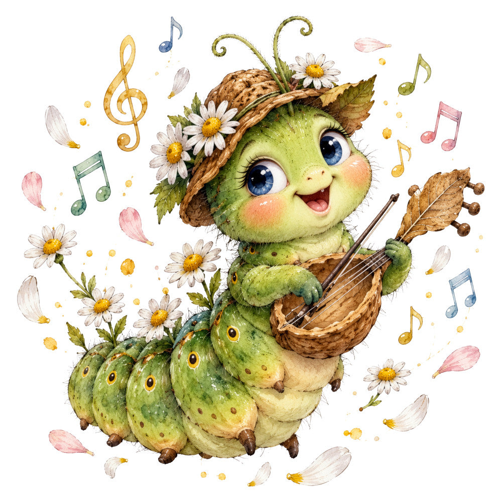lime green, cream, soft pink, golden yellow, white, forest green, brown, whimsical, caterpillar, musical notes, daisies, flowers, nature, spring, summer, playful, cute, children's, baby, charming, folk art, storybook, musical theme, petals, leaves, hat, violin, uplifting, joyful, enchanted