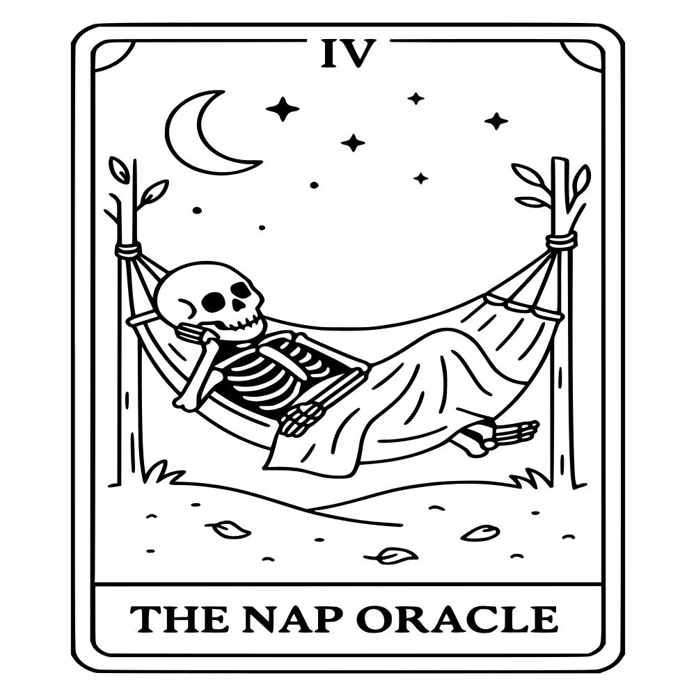 skeleton, tarot card, moon, stars, occult, witchy, goth, gothic, black and white, night sky, celestial, hammock, relaxation, humorous, funny, novelty, spooky, mystical, alternative, dark humor, resting, peaceful, crescent moon, supernatural, mysticism, bohemian, eclectic, vintage tarot, wall hanging, home decor