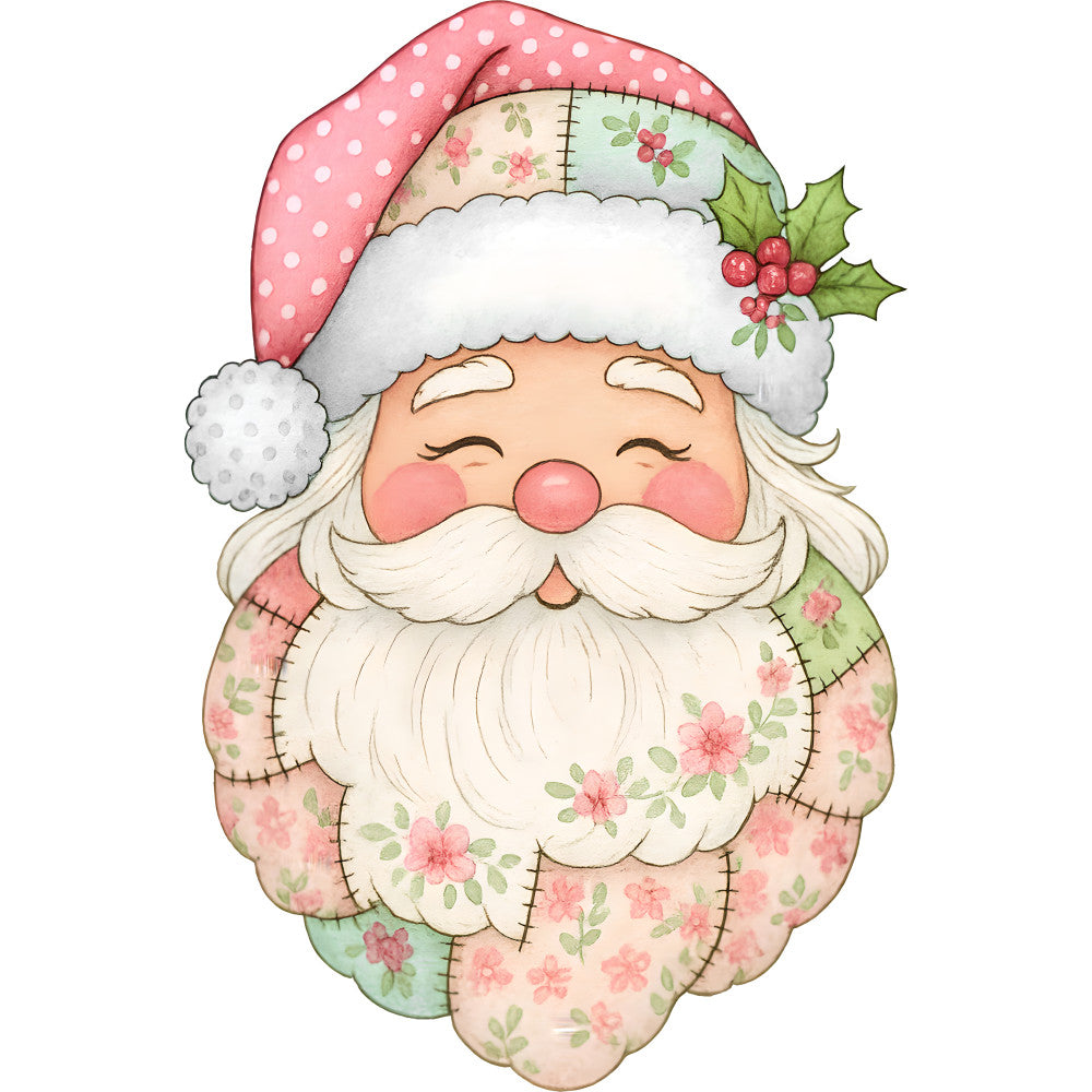 pink, polka dots, santa claus, christmas hat, white beard, floral patterns, holly berries, green leaves, patchwork design, fabric panel, quilting cotton, festive, holiday theme, watercolor style, soft pastels, christmas character, winter motif, decorative stitching, craft fabric, seasonal panel