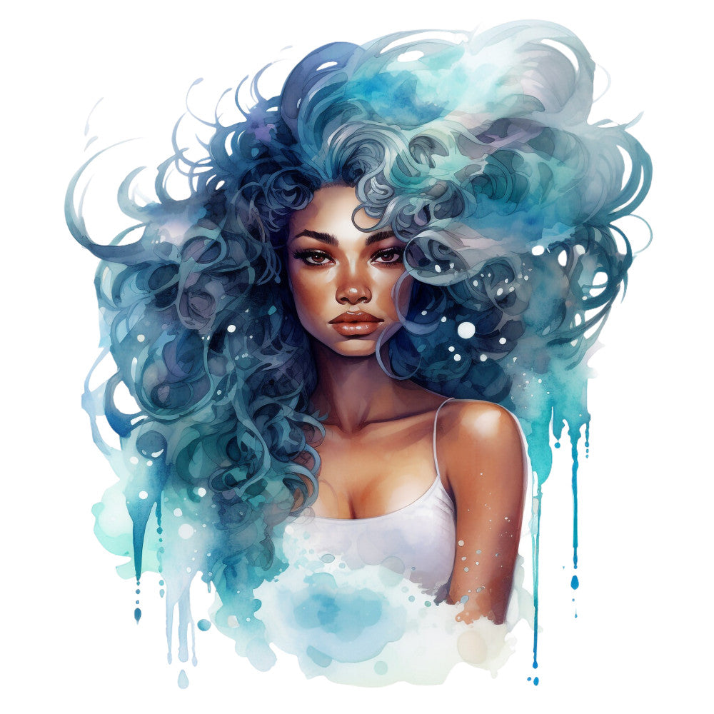 ocean blue, teal, aqua, navy, white, watercolor style, flowing hair, mermaid theme, fantasy art, ethereal, dreamy, fabric panel, quilting cotton, portrait style, sea goddess, nautical, mystical, contemporary art, dripping paint effect, bubbles