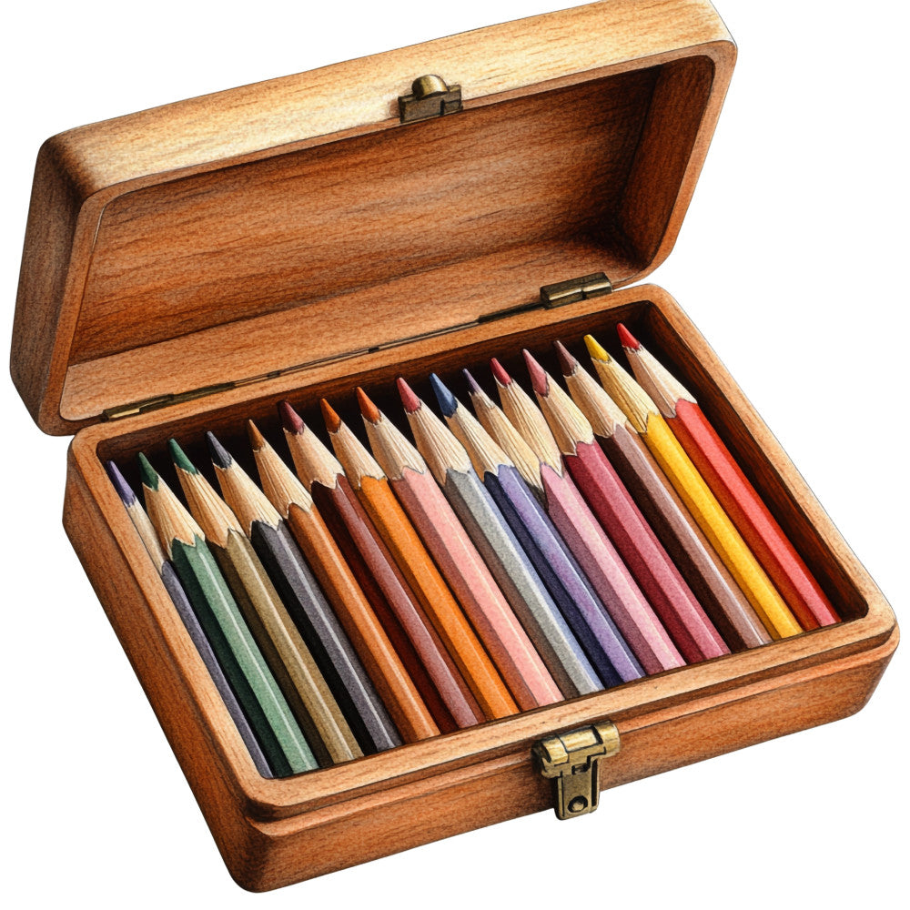 colored pencils, wooden box, art supplies, artist tools, creative, rainbow colors, pencil case, crafting, drawing materials, vibrant hues, organized storage, artistic theme, multicolored, professional supplies, wooden texture, brass hardware, pencil tips, art studio, creative workspace, colorful arrangement