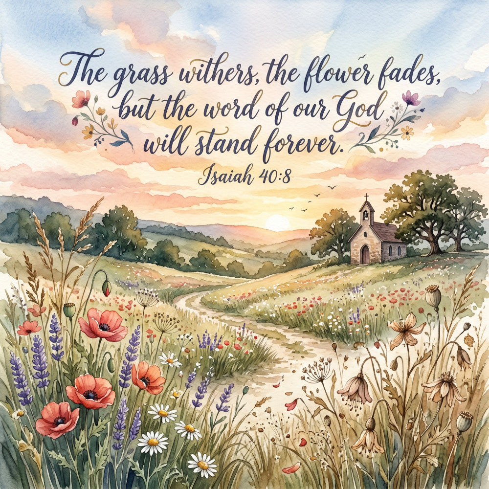 scripture verse, Isaiah 40:8, wildflower, floral landscape, countryside church, pastoral scene, meadow flowers, spiritual, religious, inspirational quote, sunset sky, watercolor style, rustic farmhouse, spring flowers, summer meadow, coral pink poppies, lavender purple, sage green, warm earth tones, vintage pastoral, botanical, nature themed, faith based, uplifting message, garden landscape, traditional country, sentimental, peaceful scene
