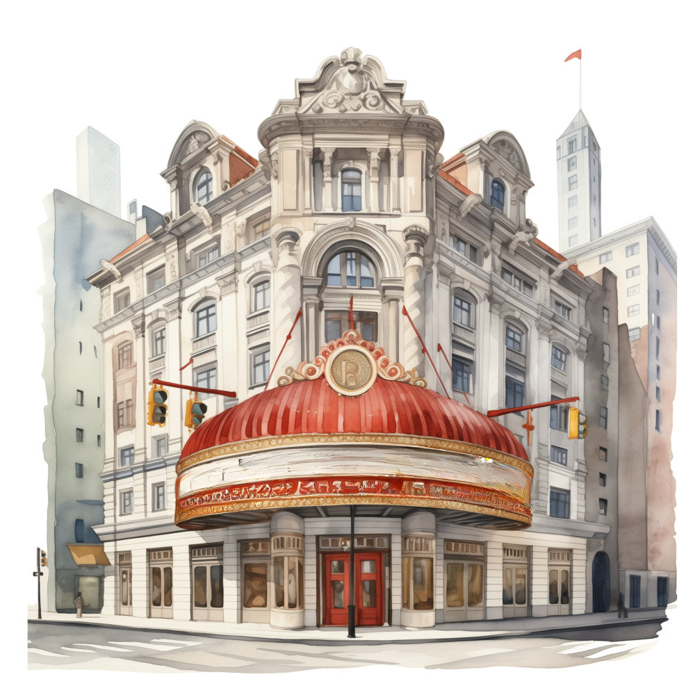 art deco, architectural, vintage theater, red dome, cream, beige, tan, coral red, gold accents, ornate, elegant, urban, city buildings, retro, 1920s, 1930s, classic cinema, nostalgic, building facade, decorative, sophisticated, geometric details, columned architecture, art nouveau, theatrical, heritage, landmark, mid-century modern, decorative arts, detailed illustration