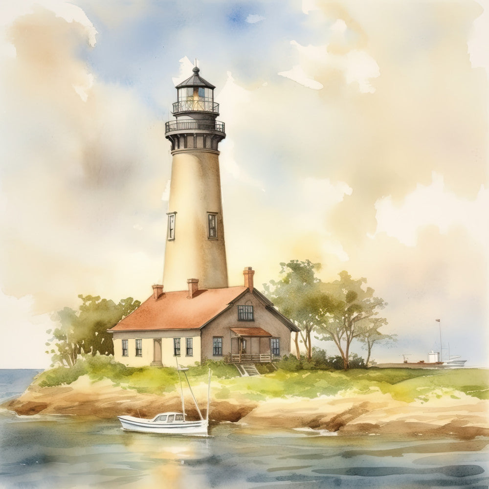 lighthouse, coastal, nautical, seaside, beach, sailboat, watercolor, cream, beige, tan, soft blue, sky blue, sage green, cottage, farmhouse, vintage, peaceful, serene, scenic, landscape, water, ocean, traditional, elegant, home decor, wall hanging, coastal living, New England, maritime, historic
