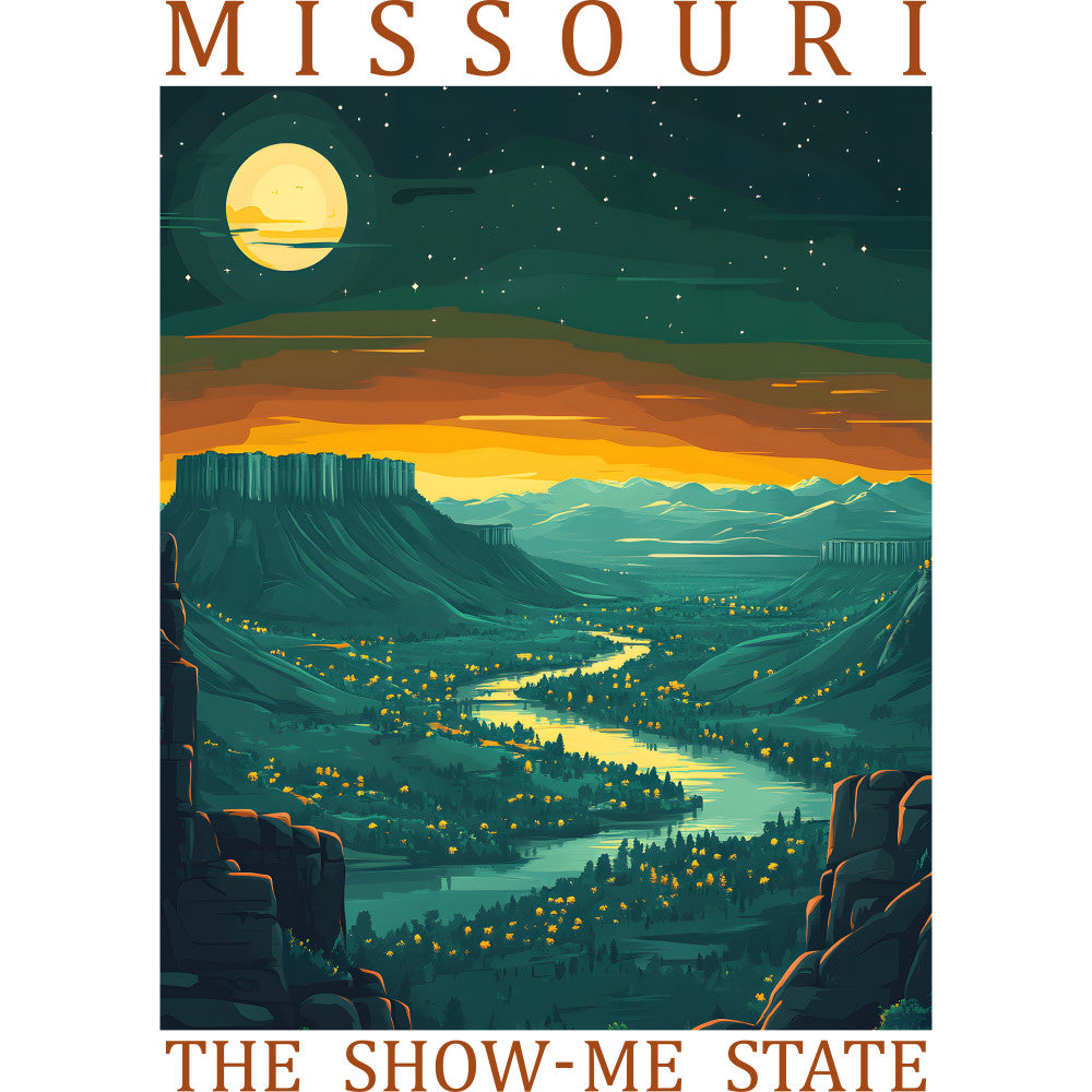fabric panel, missouri, show-me state, landscape scene, river valley, mesa cliffs, full moon, starry night, golden yellow, teal green, orange sunset, layered mountains, winding river, vintage poster style, americana, travel poster, quilting cotton, scenic vista, southwestern landscape, evening sky