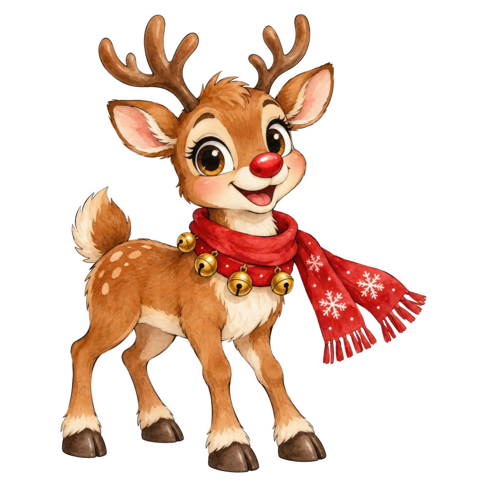 rudolph, red-nosed reindeer, christmas, holiday, festive, winter, reindeer, brown, red, gold, bells, scarf, whimsical, cute, cartoon, cheerful, nostalgic, retro, vintage, children's, kids, seasonal, snow, jolly, character panel, holiday animals, traditional christmas, decorative, jingle bells