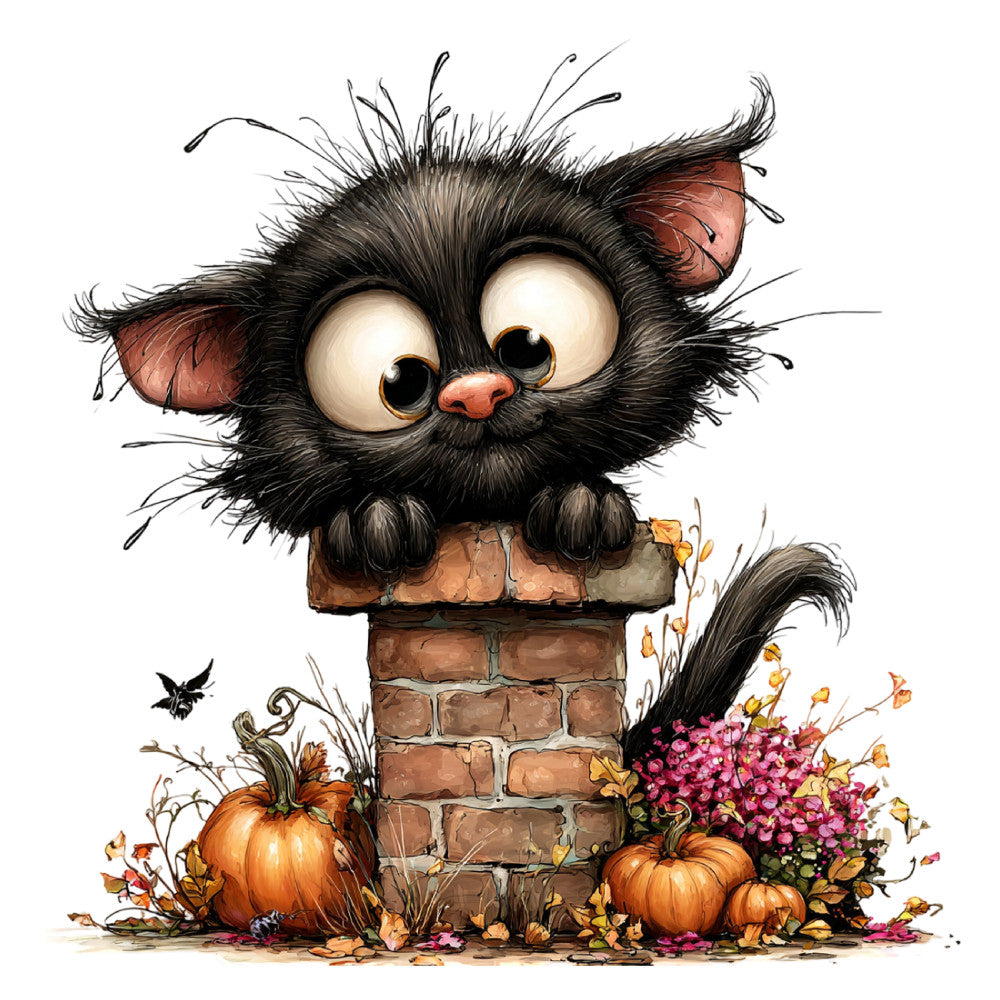 black cat, orange, rust orange, terracotta, coral pink, cream, white, whimsical, cute, autumn, fall, halloween, pumpkin, pumpkins, brick chimney, flowers, floral, pink flowers, leaves, seasonal, holiday, playful, children's, kids, animal, cat, tabby, big eyes, charming, folk art