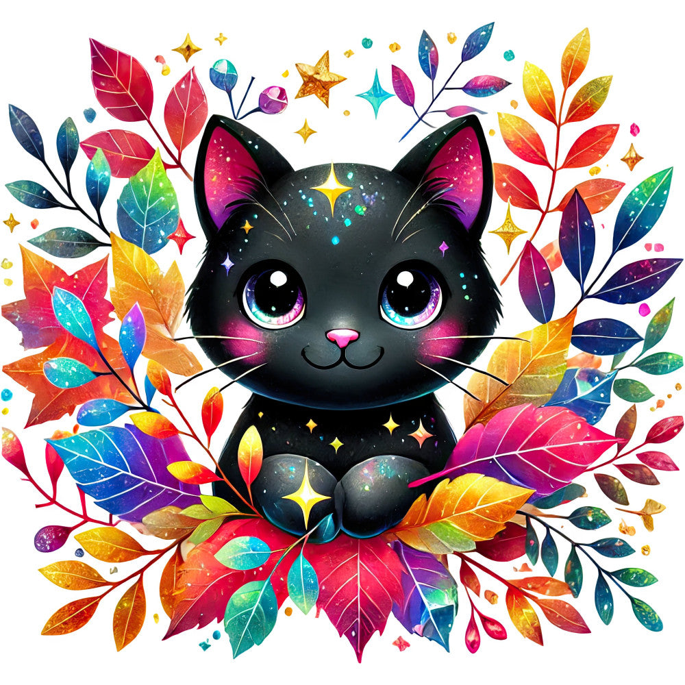 black cat, cosmic, celestial, rainbow, multicolor, hot pink, magenta, golden yellow, turquoise, purple, navy blue, coral, whimsical, magical, stars, sparkles, leaves, foliage, floral, nature, botanical, fantasy, mystical, modern, colorful, vibrant, cat lover, animal, cute, decorative panel