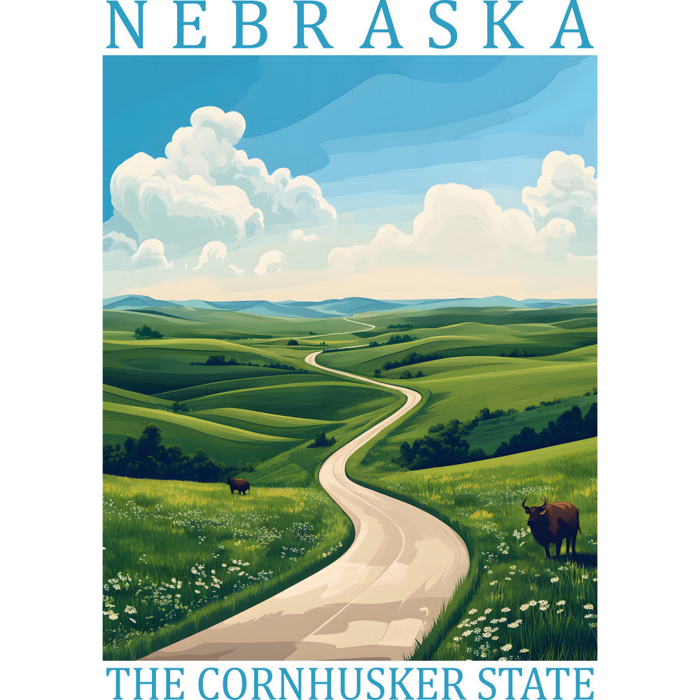 sky blue, sage green, cream, rolling hills, winding road, cattle, pastoral landscape, countryside scene, nebraska, cornhusker state, fabric panel, quilting cotton, travel poster style, vintage illustration, peaceful meadow, grassy fields, puffy clouds, scenic vista, agricultural theme, americana