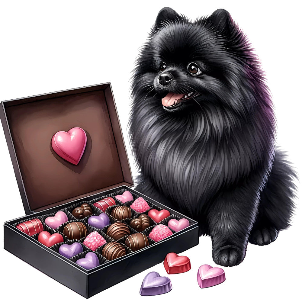 black pomeranian, fluffy dog, cute animals, heart shaped chocolates, chocolate box, pink hearts, purple hearts, rose pink, mauve purple, chocolate brown, romantic, valentines day, love theme, whimsical, playful, pet lovers, dog breed, heart motifs, candy themed, dessert theme, gift box design, valentine's gift, pet themed, animal lovers, cute companion animals, festive holiday, sweet treats, decorative hearts, charming illustration, affectionate theme