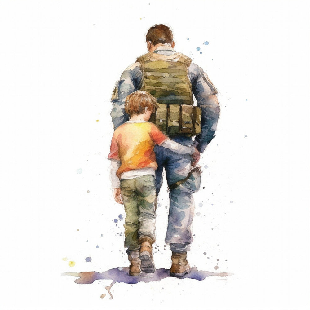military, soldier, child, father and son, watercolor, abstract, patriotic, hero, protective, courage, bravery, olive green, khaki, navy blue, burnt orange, yellow, earthy tones, splatter, inspirational, tribute, family bonds, service, duty, americana, contemporary, emotional, touching, modern watercolor, paint splatter, bond