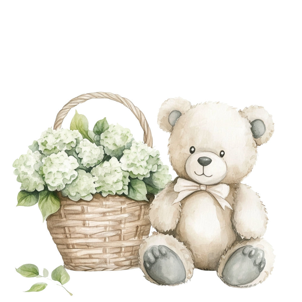cream teddy bear, pale green hydrangea, soft ivory, sage green, basket flowers, cute animals, nursery theme, baby shower, whimsical, gentle, sweet, tender, vintage style, botanical, nature inspired, spring florals, pastel colors, soft colors, storybook illustration, children's design, baby quilt, wall hanging, adorable bear, woven basket, floral basket, watercolor style, soft botanical, delicate florals, charming, precious