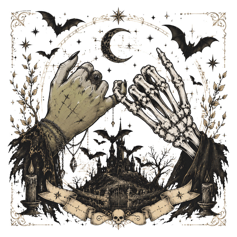 gothic, black, cream, tan, beige, dark academia, halloween, celestial, moon, stars, bats, skeleton hands, bones, skull, castle, haunted house, witchy, dark, spooky, elegant, vintage, ornate, decorative, botanical, leaves, candles, wings, mystical, nocturnal, fall