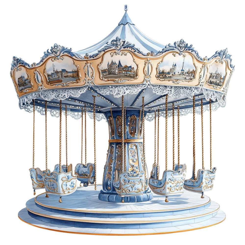 vintage carousel, whimsical, ornate, blue and gold, cream, fairground, amusement park, nostalgic, elegant, traditional, decorative scenes, architectural landmarks, castles, cityscape, ornamental, classical, romantic, steampunk, circus theme, retro amusement, nostalgic theme, heritage, timeless, decorative panel, statement fabric, cream and blue, antique style, architectural details, ornate borders, lace trim aesthetic