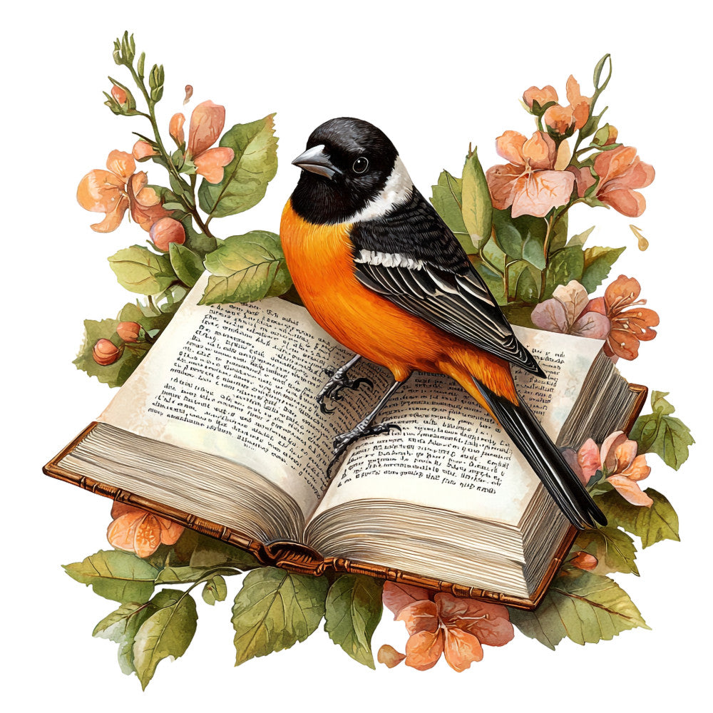 baltimore oriole, bird illustration, open book, peach flowers, coral blossoms, green leaves, botanical design, orange breast, black head, white wing bars, vintage style, nature scene, floral arrangement, fabric panel, quilting cotton, spring theme, watercolor effect, detailed artwork, literary motif, decorative panel