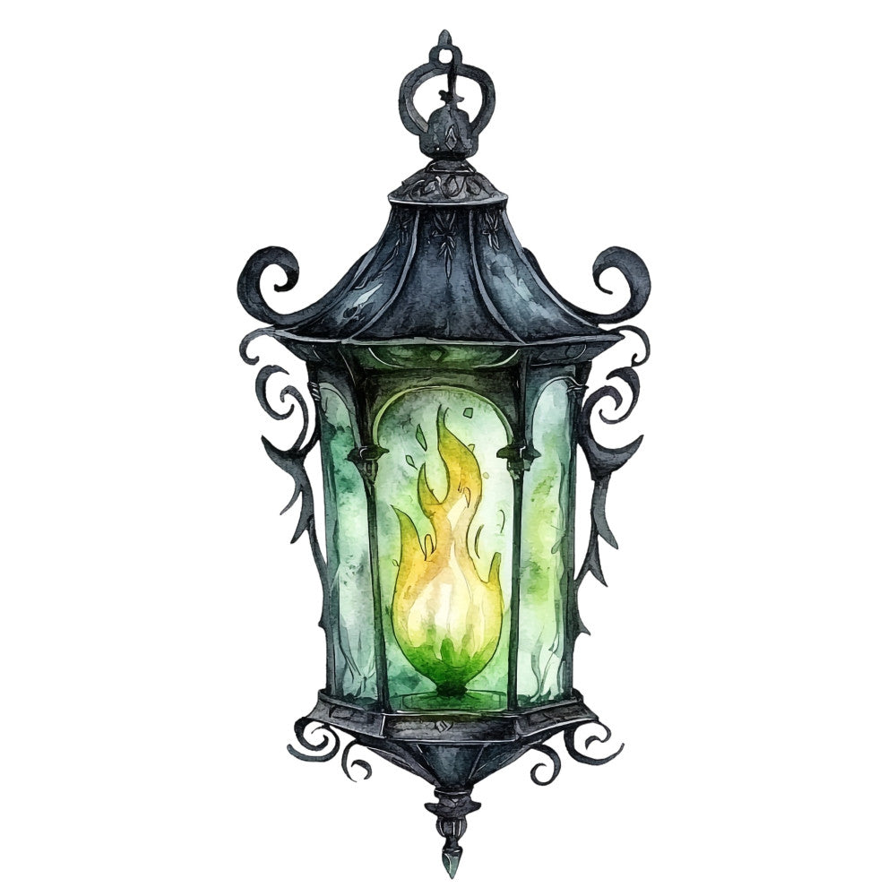 lantern, black iron, green glass, yellow flame, vintage, ornamental, gothic, wrought iron, decorative, elegant, traditional, outdoor lighting, hanging lantern, scrollwork, architectural, antique, dark academia, victorian, moody, enchanted, mystical, fantasy, whimsical, black and green, candlelit, ornate metalwork, steampunk, classic design, wall decor