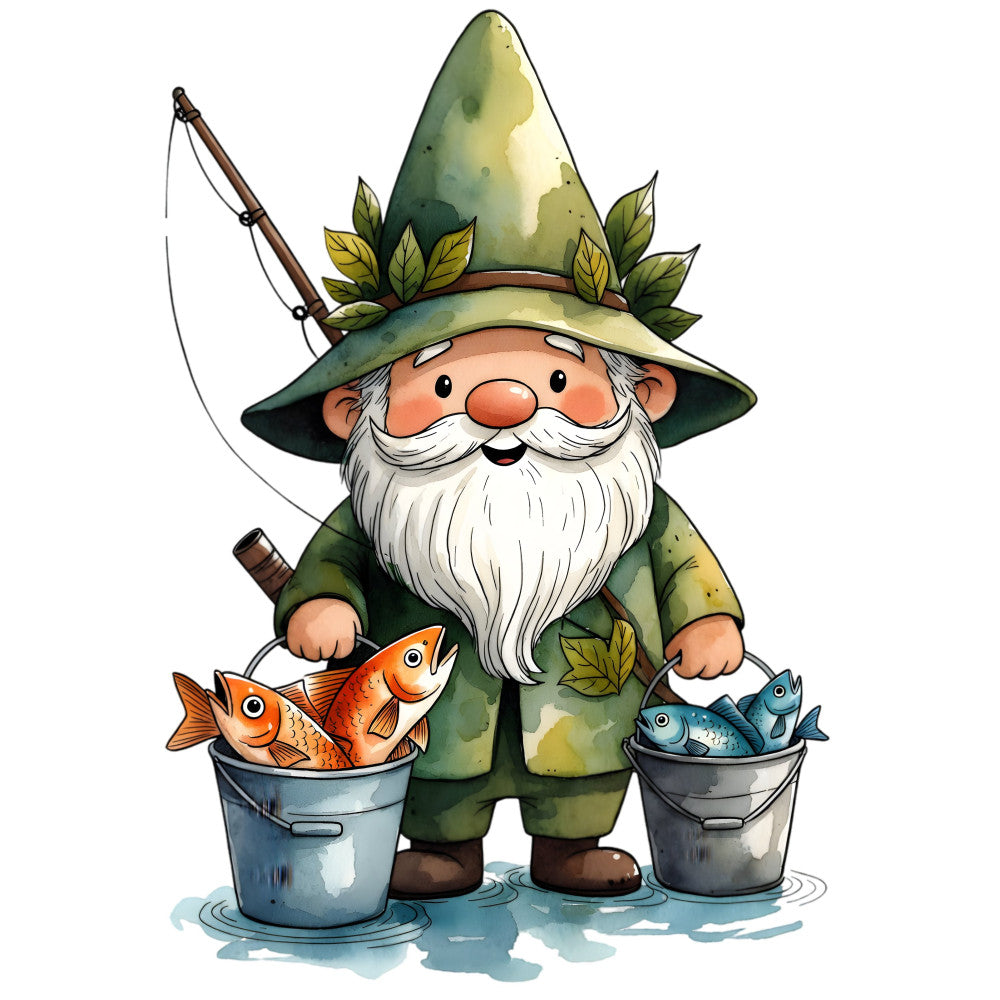 fishing gnome, whimsical, forest green, cream, orange, blue, nature, garden gnome, fishing theme, rustic, charming, novelty, children's, playful, fish buckets, pear-shaped hat, leaves, cottage core, storybook, vintage inspired, outdoor adventure, pond life, folk art, humorous, cheerful, spring, summer, decorative panel, wall art