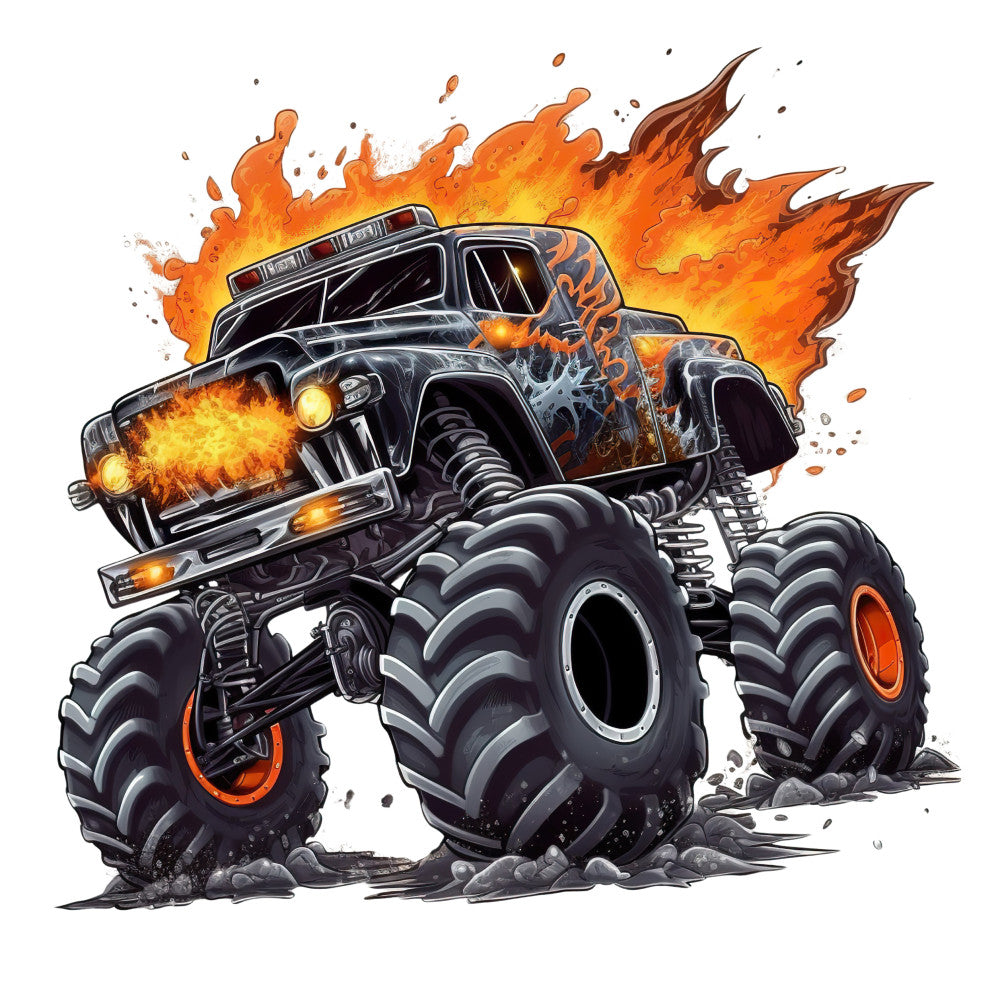 Monster Truck Crushes Fabric Panel 10 featuring a fierce black monster truck with flames and oversized tires bursting through fabric.