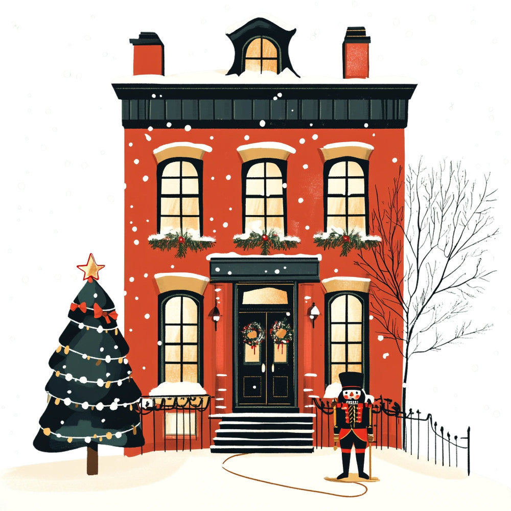 red brick building, christmas, holiday, winter, snow, nutcracker, festive, victorian, traditional, gold star, garland, wreath, door, window, townhouse, nostalgic, vintage, whimsical, cheerful, red, black, gold, cream, bare tree, decorated, seasonal, yuletide, classic, illustration style
